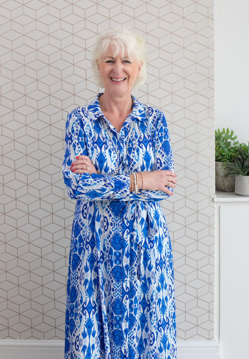 Tracy, blue and white dress